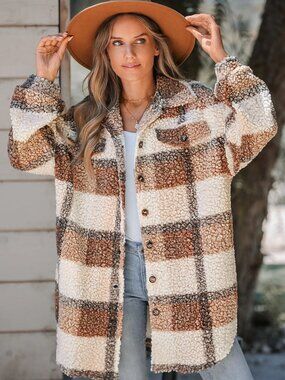 Talulah Plaid Teddy Shacket Brown Cream Oversized Sherpa Jacket Large